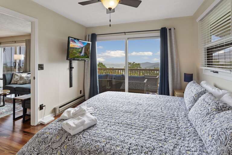 TV and Deck Access from the Master Bedroom with a King Bed TV and Deck Access from the Master Bedroom with a King Bed
