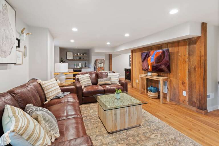 Basement Living Room with TV, Game Tables, Arcade and Wet Bar