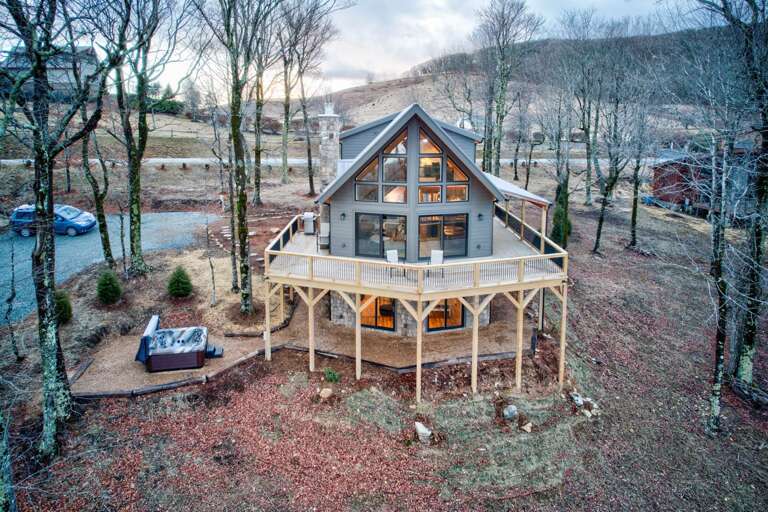 Arial View of the A-Frame Cabin, Wrap Around Deck and Lower Level with the Hot Tub Pad Arial View of the A-Frame Cabin, Wrap Around Deck and Lower Level with the Hot Tub Pad