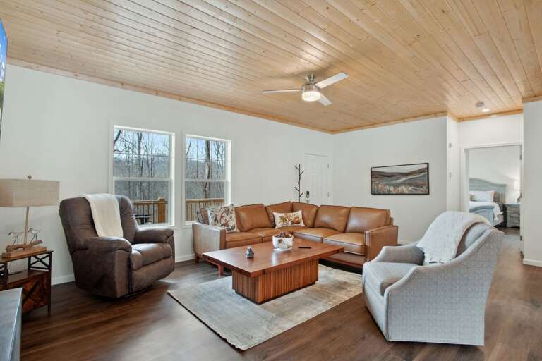 Tongue-and-groove ceilings and Comfortable Seating in the Living Room
