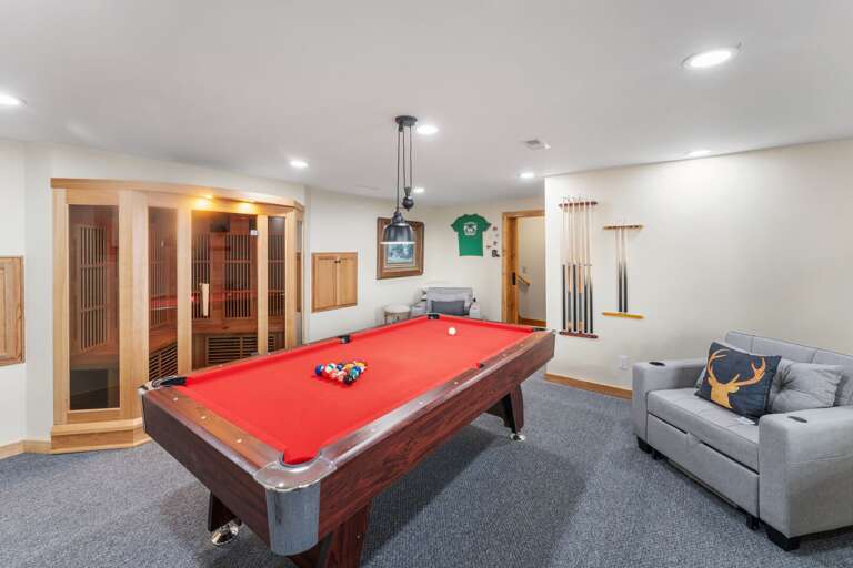 Lower Level Game Room has a Pool Table and Sauna