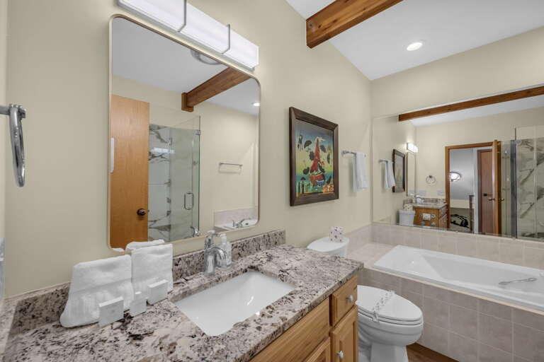 Main Floor Common Bathroom with Jetted Tub and Tile Step-In Shower