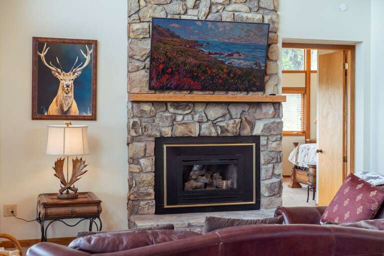 Stacked Stone Gas Fireplace and TV in the Living Room