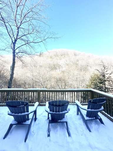 Snowy Scene Seen From Balcony, Bare Branches, Blue Chairs Snowy Scene Seen From Balcony, Bare Branches, Blue Chairs