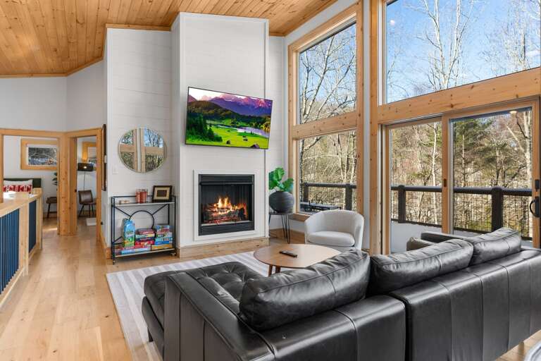 Gas Fireplace, Mounted TV and Leather Sofa in the Living Room