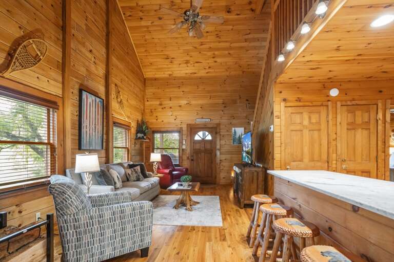 Main Floor Living Room has a Fireplace and Loft Bedroom Above