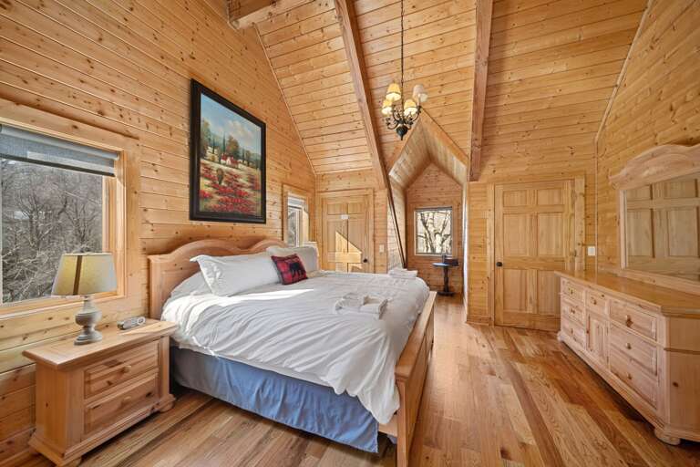 Enjoy High Vaulted Ceilings in the Upper Level King Bedroom