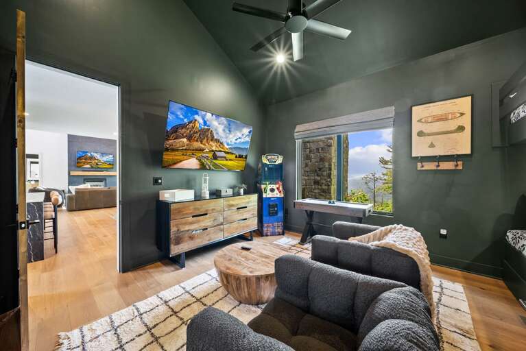 TV, Cozy Chairs, and Games in the Bunk Room