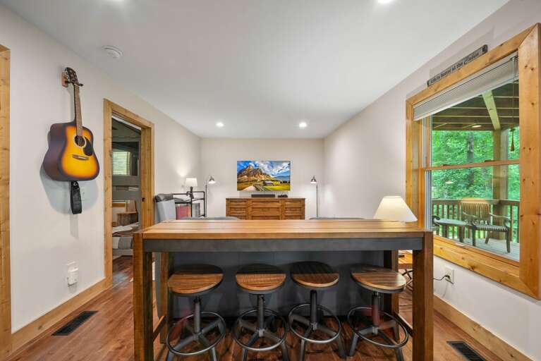 Wood Bar with Seating in the Family Room