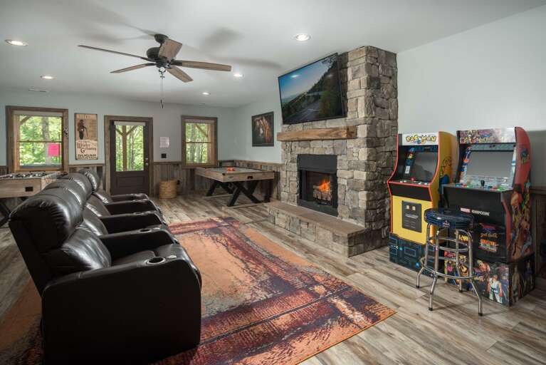 Family Room with Theater Seating, Gas Log Fireplace, Big Screen TV and Games