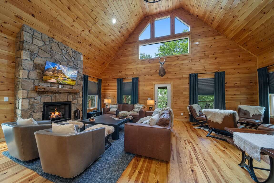 Warm Wood Interior, Stacked Stone Gas Fireplace, Designer Decor Warm Wood Interior, Stacked Stone Gas Fireplace, Designer Decor