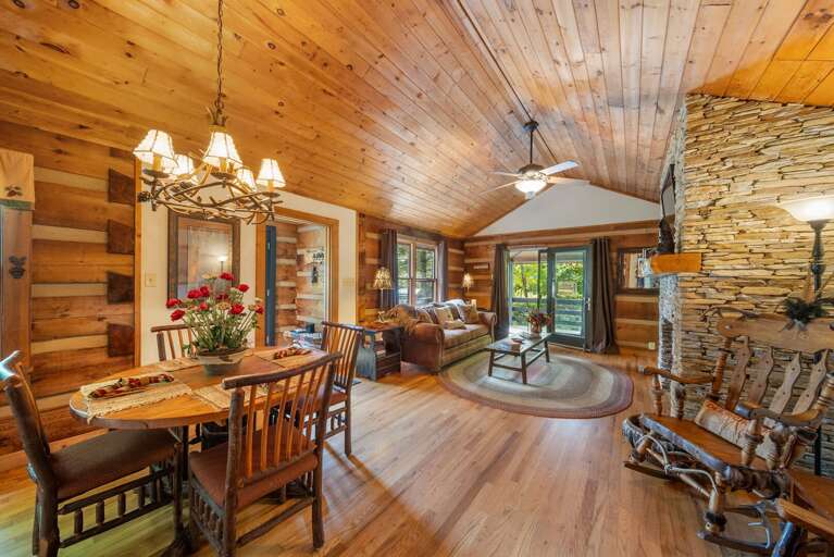 Floor to Ceiling Wood, Stacked Stone Gas Fireplace and One Level Living Floor to Ceiling Wood, Stacked Stone Gas Fireplace and One Level Living