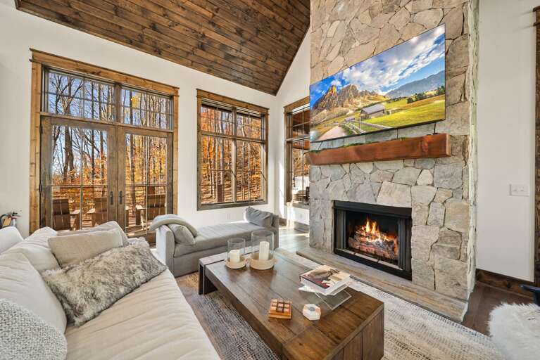 Stacked Stone Gas Fireplace and Big Screen TV