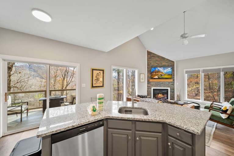 Hawthorn Cottage Stone Fireplace, Flanked by Windows