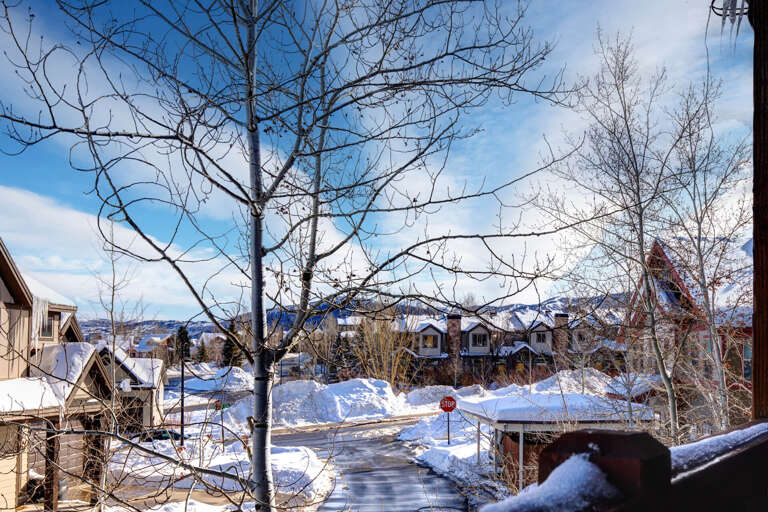 A peaceful winter neighborhood with snow-covered homes and distant mountains, visible from your property.