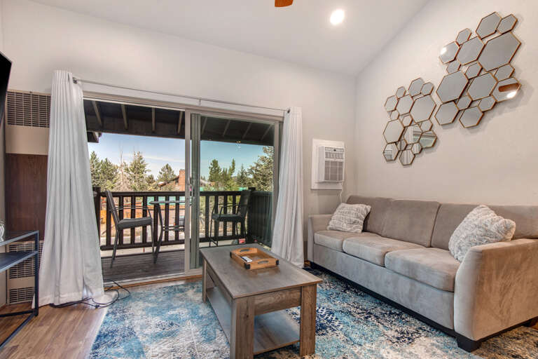 Cozy sofa bed, TV, and outdoor patio with chairs.