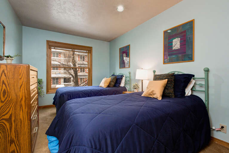 Cozy retreat with two twin beds and a picturesque view.