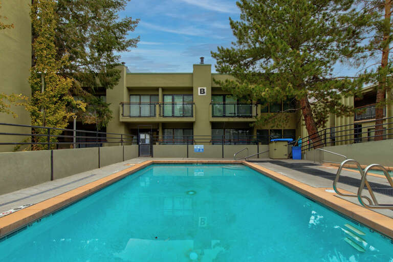 Modern property featuring an outdoor pool surrounded by tall pines, with balcony views overlooking the refreshing pool area and natural landscape.