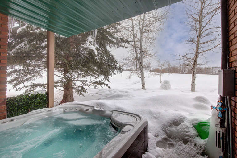 A serene covered terrace features an inviting hot tub overlooking snow-draped birch trees and evergreens. Soak in the warmth while embracing winter's beauty all around you.