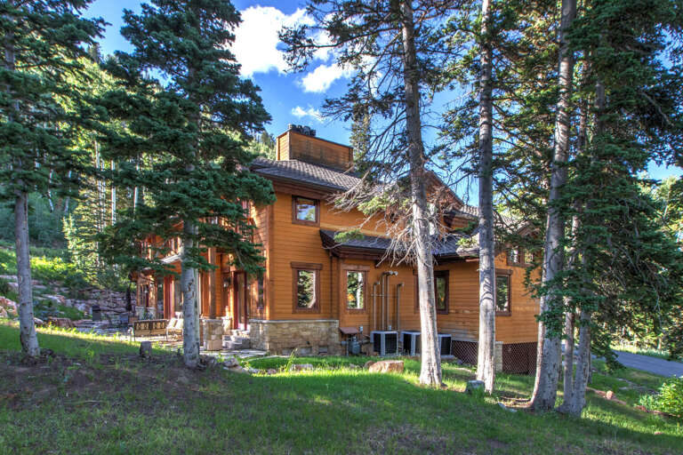 A charming wood-paneled mountain retreat nestled among towering pines, offering peaceful forest seclusion under sunny skies. This exterior captures the natural beauty of the surrounding area.