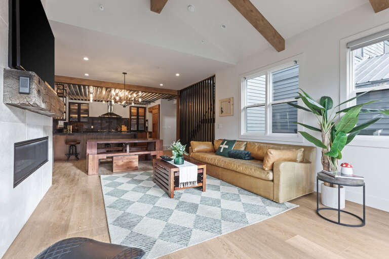 Dining Space, comfortable sofa, TV and Fireplace