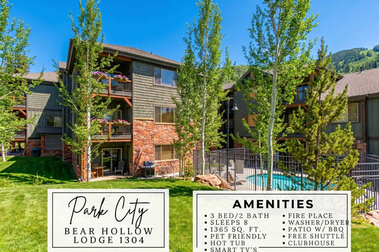 Multi-level vacation property features spacious balconies overlooking a lush green courtyard and community pool, framed by towering aspen trees with mountain views beyond.