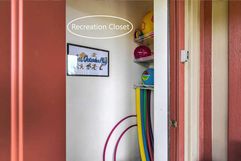 A closet stocked with beach toys, pool noodles, and games awaits your family fun, making every day an adventure at your fingertips.
