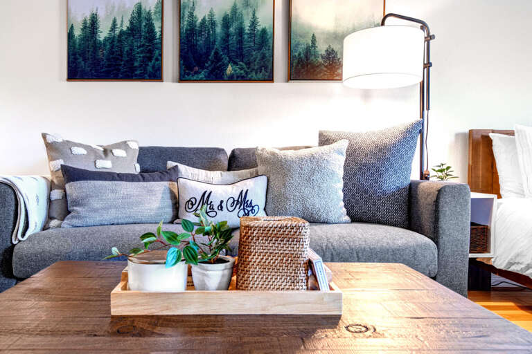 Cozy sofa bed next to a stylish center table. Cozy sofa bed next to a stylish center table.