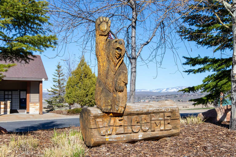 A charming wood-carved bear greets visitors near the property entrance, set against scenic mountain views and evergreen trees.