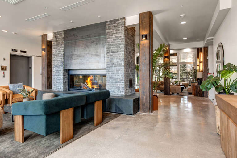 Unwind in this stylish lobby featuring a cozy fireplace, plush seating, and natural greenery—the perfect welcome after your mountain adventures.
