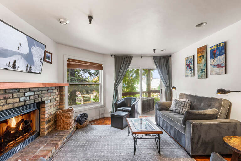 Living room: Wood-burning fireplace, sofa and TV