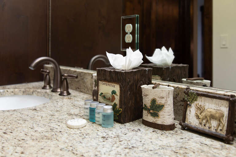 Your private bathroom features rustic woodland charm with thoughtful toiletries, plush tissues, and elegant granite countertops—a cozy retreat after your mountain adventures.