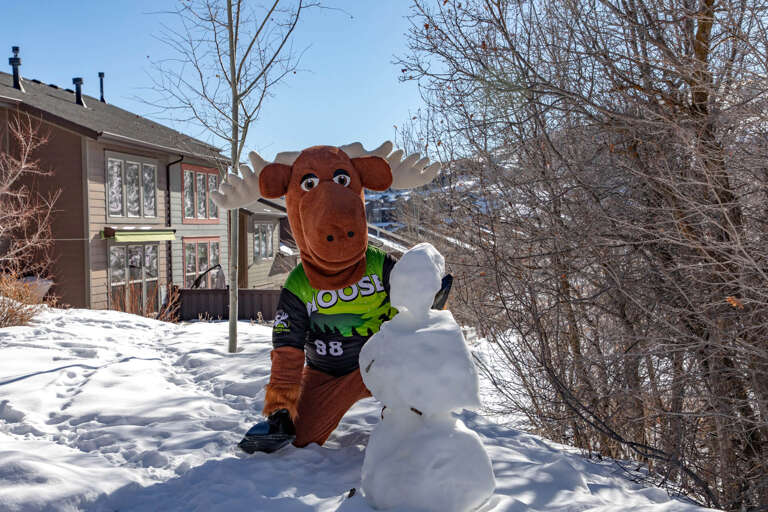 A whimsical winter scene in the snow-covered neighborhood surrounding the property, with a playful mascot and snowman under blue skies.