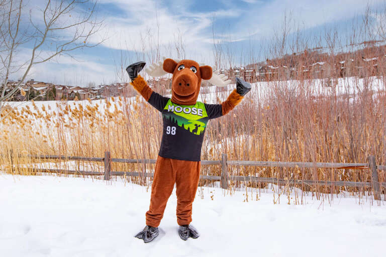 A cheerful property mascot adds family-friendly charm to this winter mountain resort, where snowy hills and rustic fencing create a classic alpine backdrop for your stay.