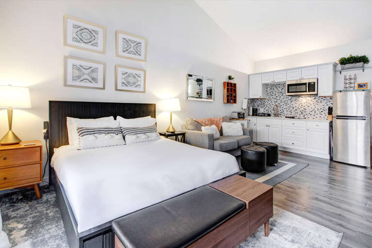 Your stylish studio combines comfort and convenience with a plush bed, modern kitchen, and cozy seating areaâeverything you need in one beautifully designed space.