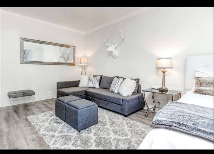 Relax in your stylish sanctuary with plush seating, soft throws, and elegant deer antler decor creating the perfect cozy atmosphere.