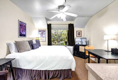 Slip into crisp, fresh linens and let the ceiling fan's gentle breeze lull you to rest. Outside your window, greenery frames peaceful views, while your desk and dresser give you all the space you need to settle in.