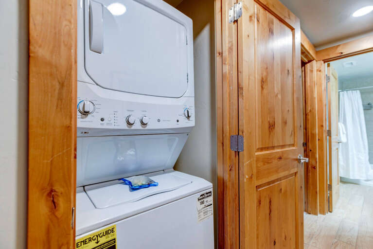Convenient in-unit washer and dryer tucked away in a closet, so you can pack light and keep your clothes fresh throughout your stay.