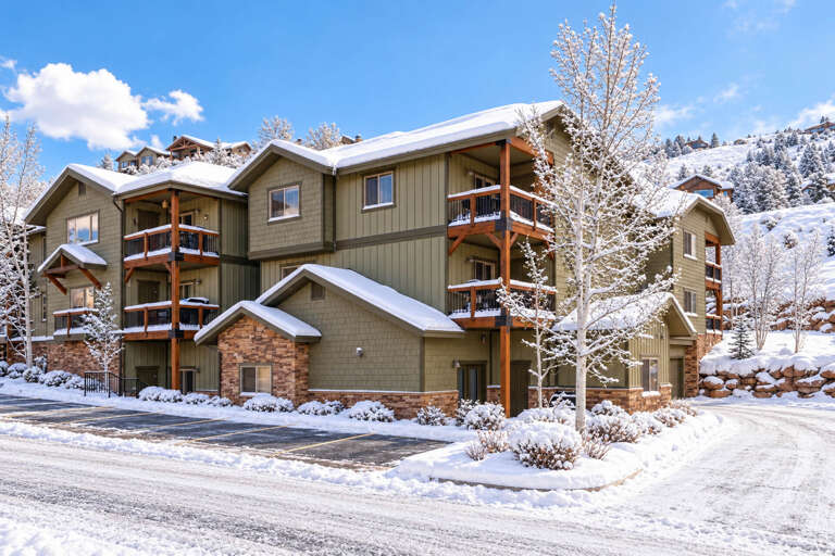 The property sits nestled in a pristine winter landscape, surrounded by snow-frosted evergreens and mountain slopes, offering a peaceful mountain retreat setting.