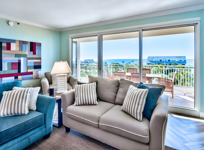 Living room with stunning Gulf Views + access to the balcony