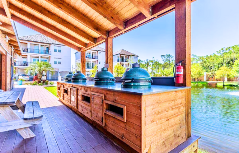 Green Egg grills, dining and lounge areas,