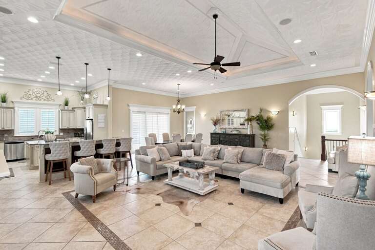 Spacious Elegant Living Room and Open Kitchen Area