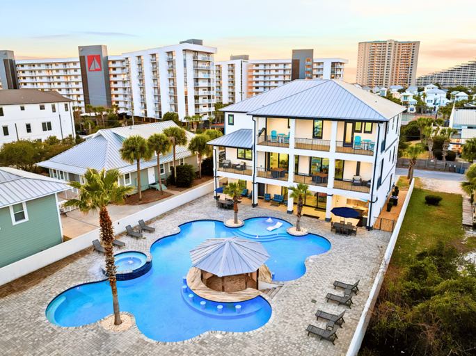 Ample outdoor lighting creates the perfect ambiance for evening relaxation.