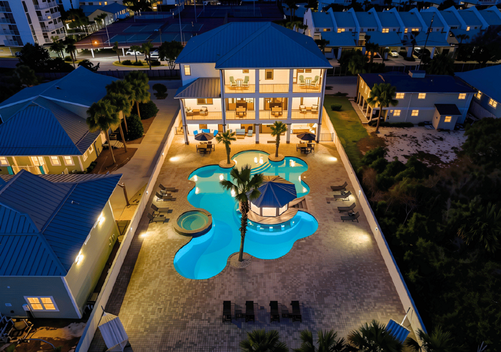 Ample outdoor lighting creates the perfect ambiance for evening relaxation.