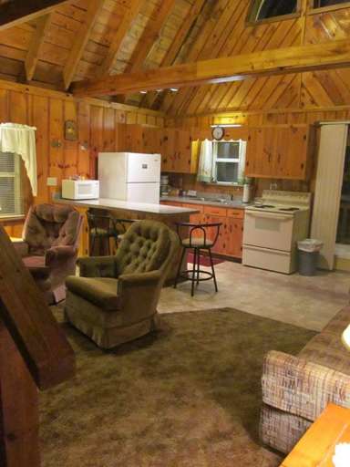 Cozy Wooden Cabin Interior With Kitchen And Living Area Cozy Wooden Cabin Interior With Kitchen And Living Area