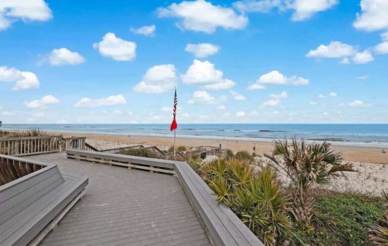 Boardwalk Leading To Beach, Blue Sky, Clouds, Seaside Scene