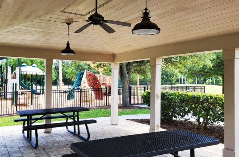 Covered Picnic Area With Playground View, Ceiling Fans, Benches