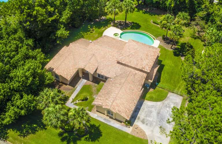 Aerial View Of Lush Greenery Surrounding Poolside Vacation Rental