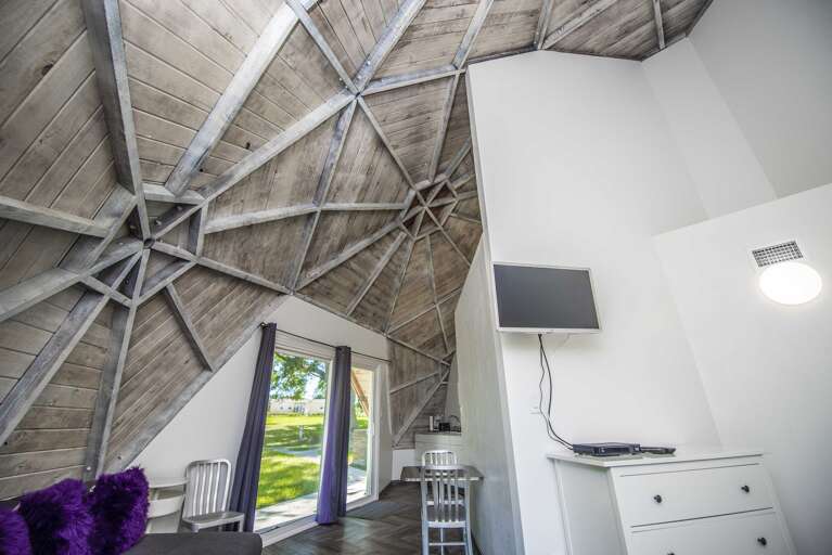 Vaulted Ceiling In Vacation Rental With Visible Wooden Beams, White Walls, And Minimalist Furnishings; Door Opening To Green Outdoors