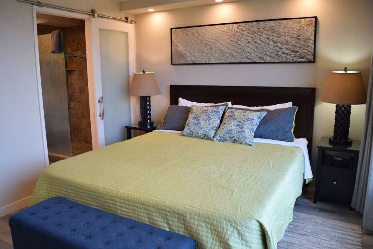 Naturally lit guest bedroom and bathroom